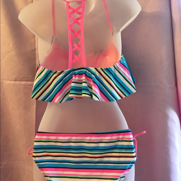 Bongo Flutter Cage Mesh Striped Bikini Set NEW $56 - Picture 3 of 8